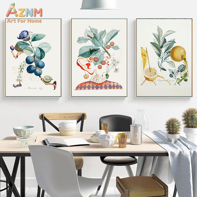 Art Craft Toys - AZNM Surreale botanische Fruchtfiguren-Leinwand-Wandkunst, Vintage Aquarell-Zitronen-Kirsch-Heidelbeer-Abstrakte-Kunst-Gemälde,