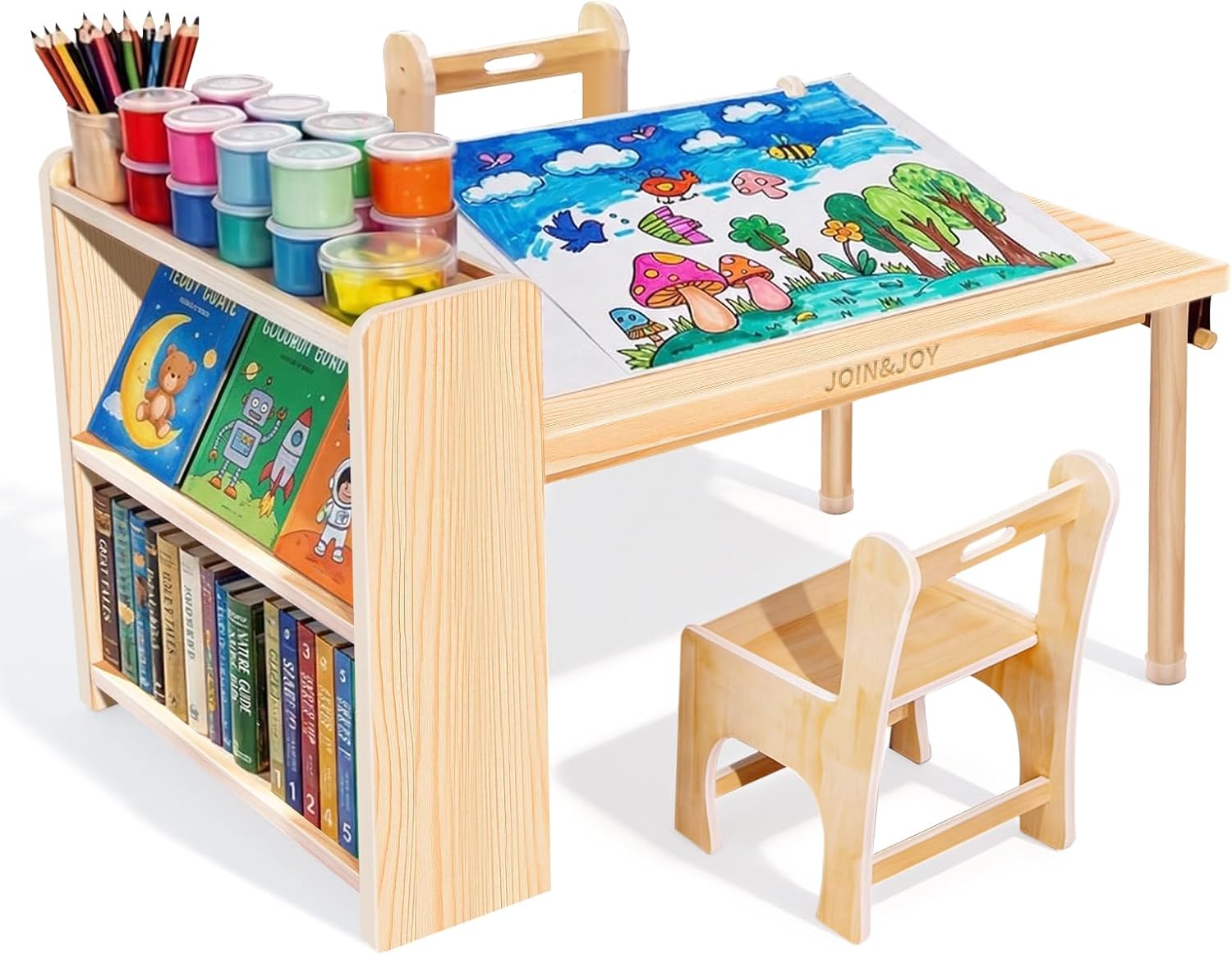 Art Craft For Toddlers - Kinder-Holz-Kunsttisch mit 2 Stühlen, Bastelregalen, Kleinkind-Schreibtisch