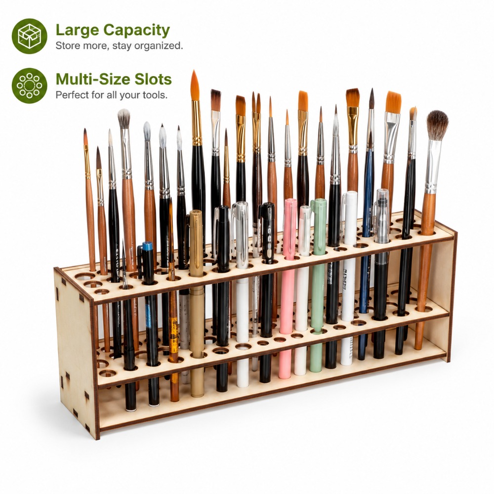 Art Craft Organizer - 67-Fächer Holz-Pinselhalter Premium Doppelschichtiger Langlebiger Künstler-Schreibtisch-Organizer