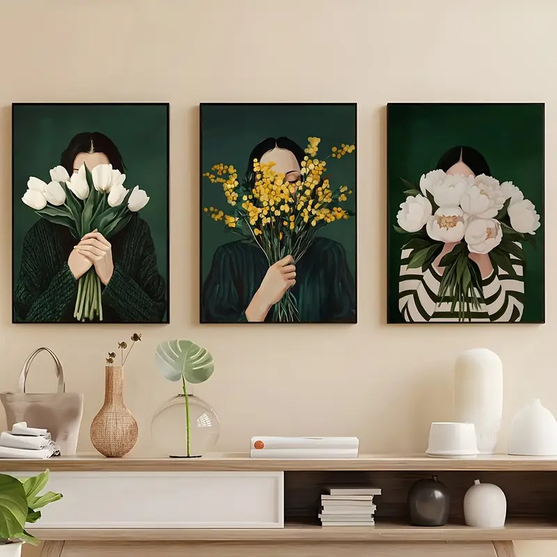 Art Craft Toys - Grüne abstrakte Figuren, Leinwanddruck mit Blumenfrau,
